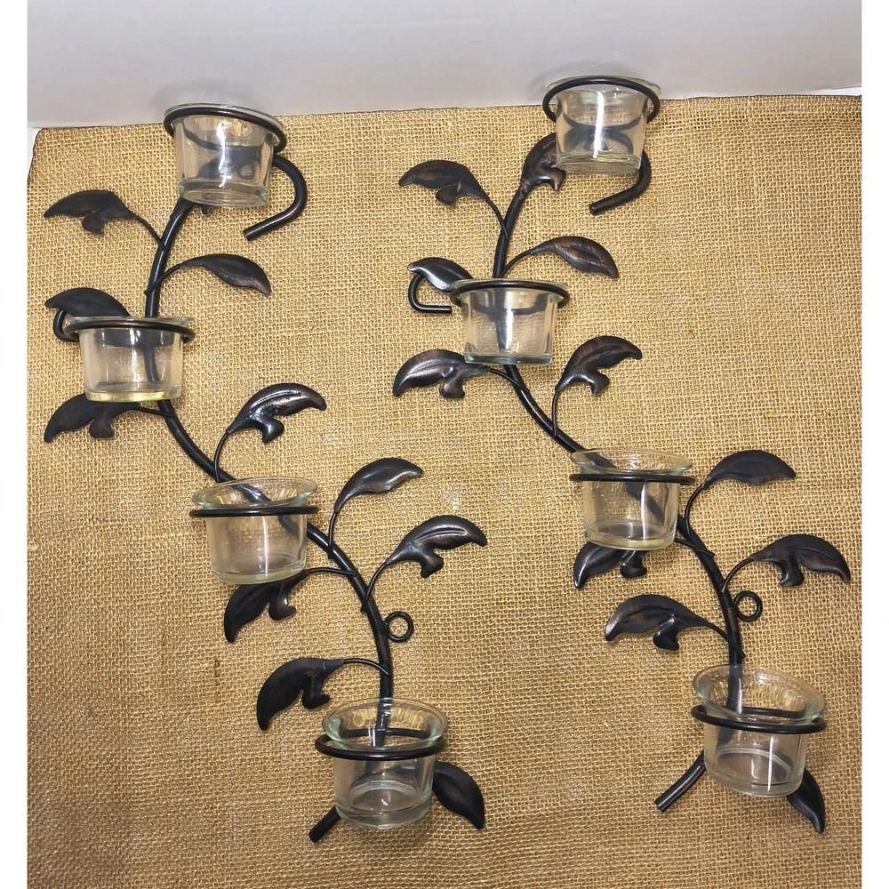 Metal Vine And Leaf Wall Sconce Candle Holder Set 8 Glass Tea Light Votive Cups